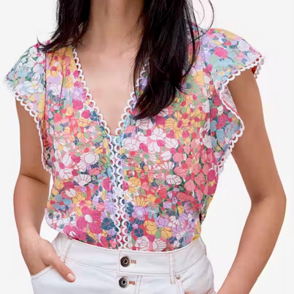 NWT Kate Spade Floral Dots Burnout Top Medium Flutter Sleeve Scalloped Trim Pink